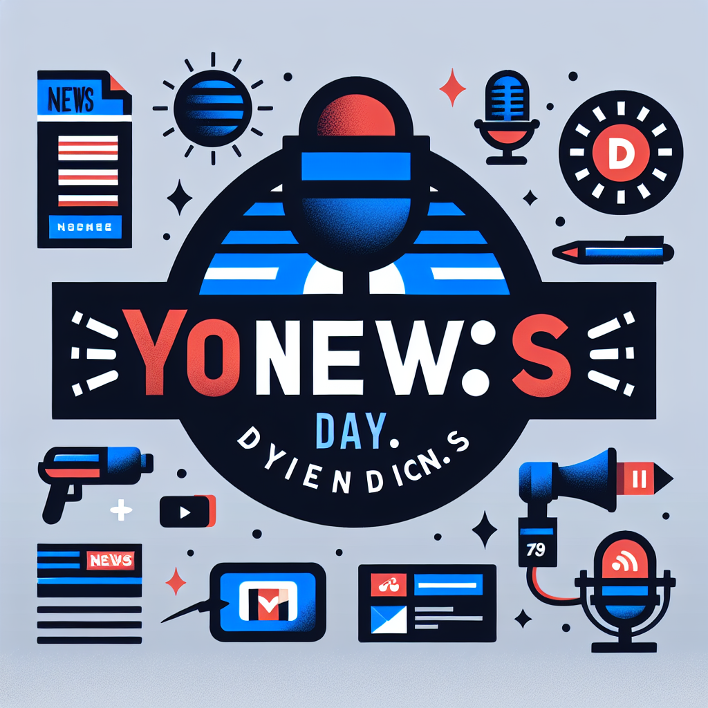 Haber temalı, modern ve güvenilir bir izlenim veren logo oluştur. Marka adı: yonewsevday Stil: Dinamik, güncel, dijital. Ögeler: Gazete sayfası, mikrofon, konuşma balonu veya güneş (yeni bir gün teması). Renk paleti: Mavi, koyu gri, kırmızı tonları. Font: Kalın sans-serif, güven veren ama modern. Logo, webde ve mobil uygulamalarda kolayca ayırt edilebilir olmalı.